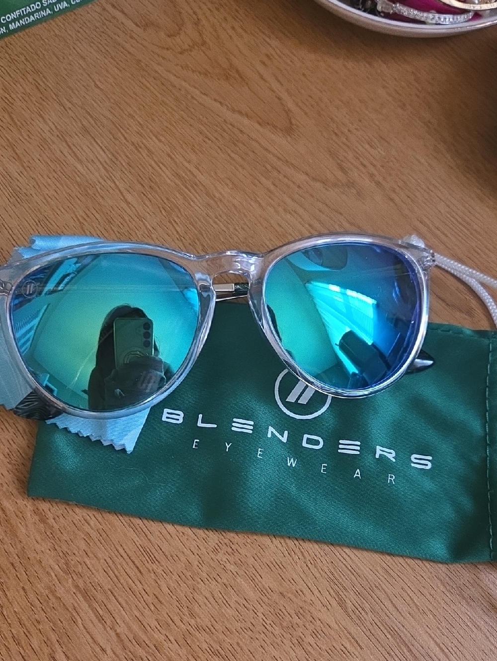 Blenders Eyewear Clear Frame Sunglasses with Mirrored Blue-Green Lenses